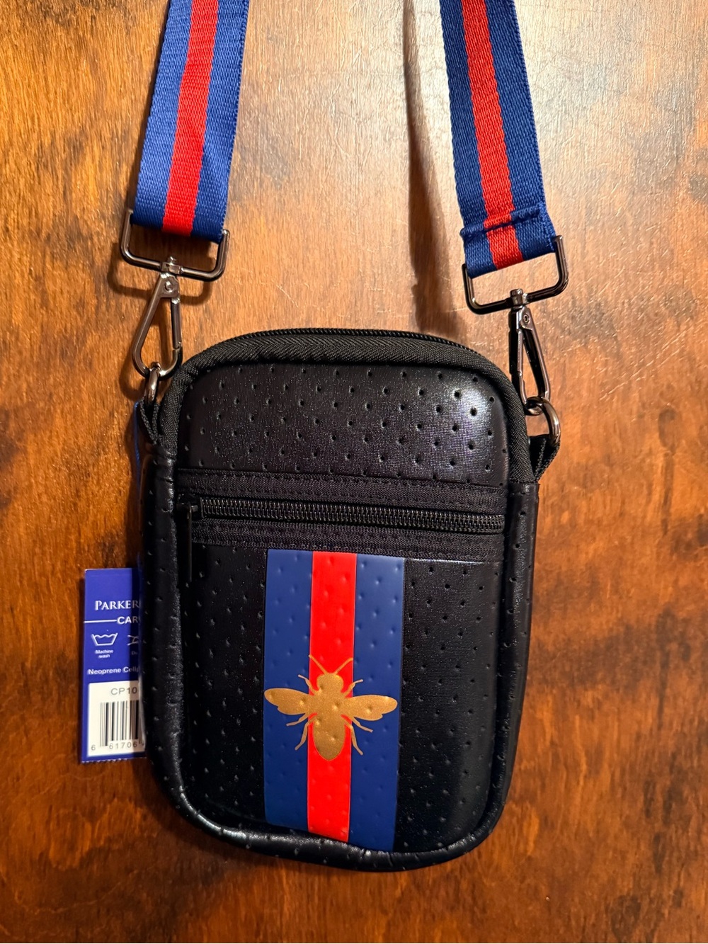 Parker & Hyde Black Crossbody Bag with Red & Blue Stripe and Gold Bee Accent